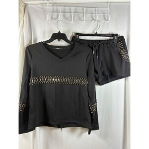 Sara Boo Womens Black Studded 2 Piece Sweatshirt and Shorts Lounge Set Size M